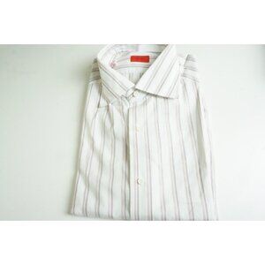 Isaia Cotton White Pink Striped Long Sleeve Dress Shirt Sz 40 15.75 BRAND NEW